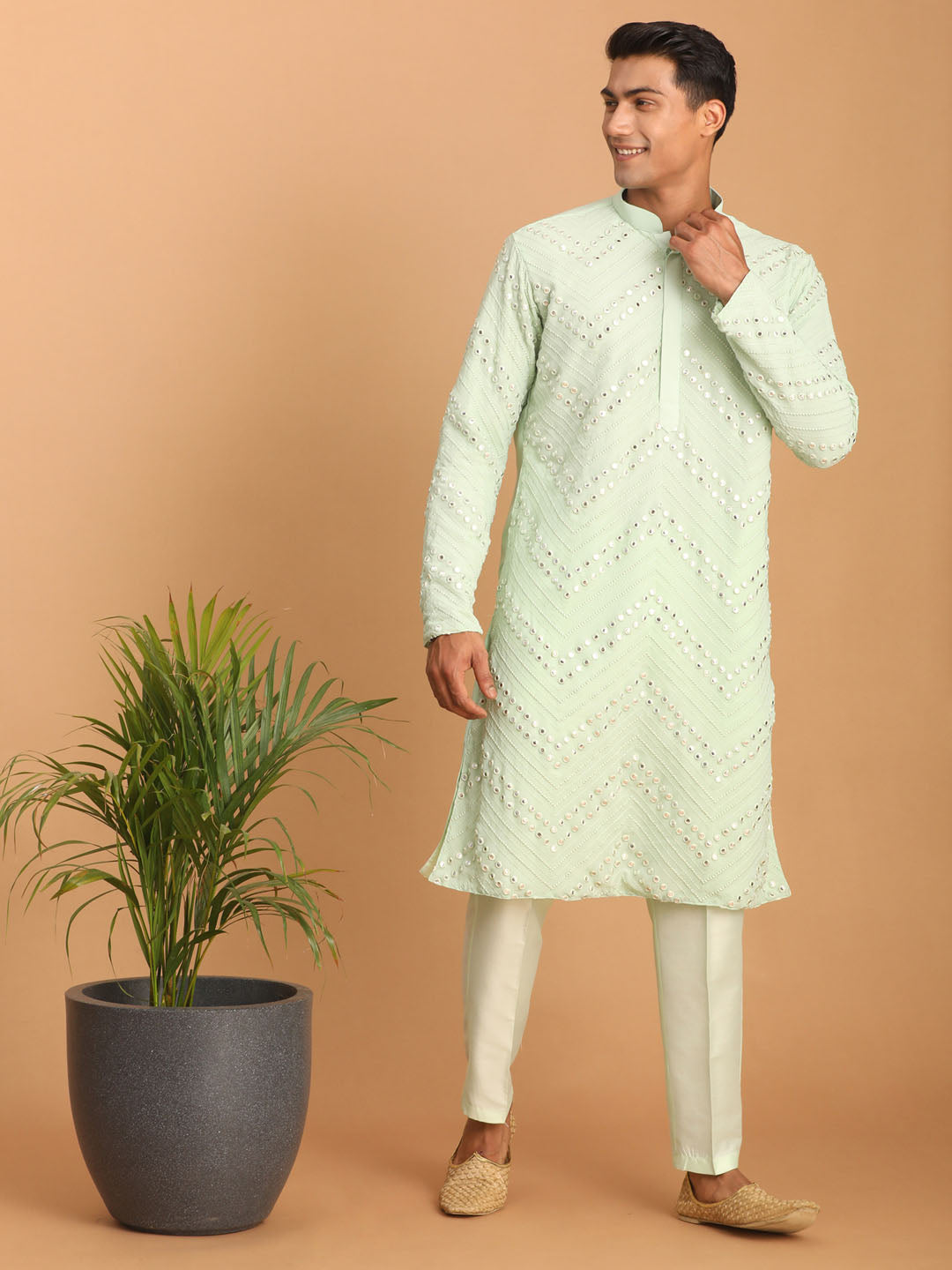 Shrestha by Vastramay Men's Mint Green Georgette Kurta Pyjama Set - Distacart