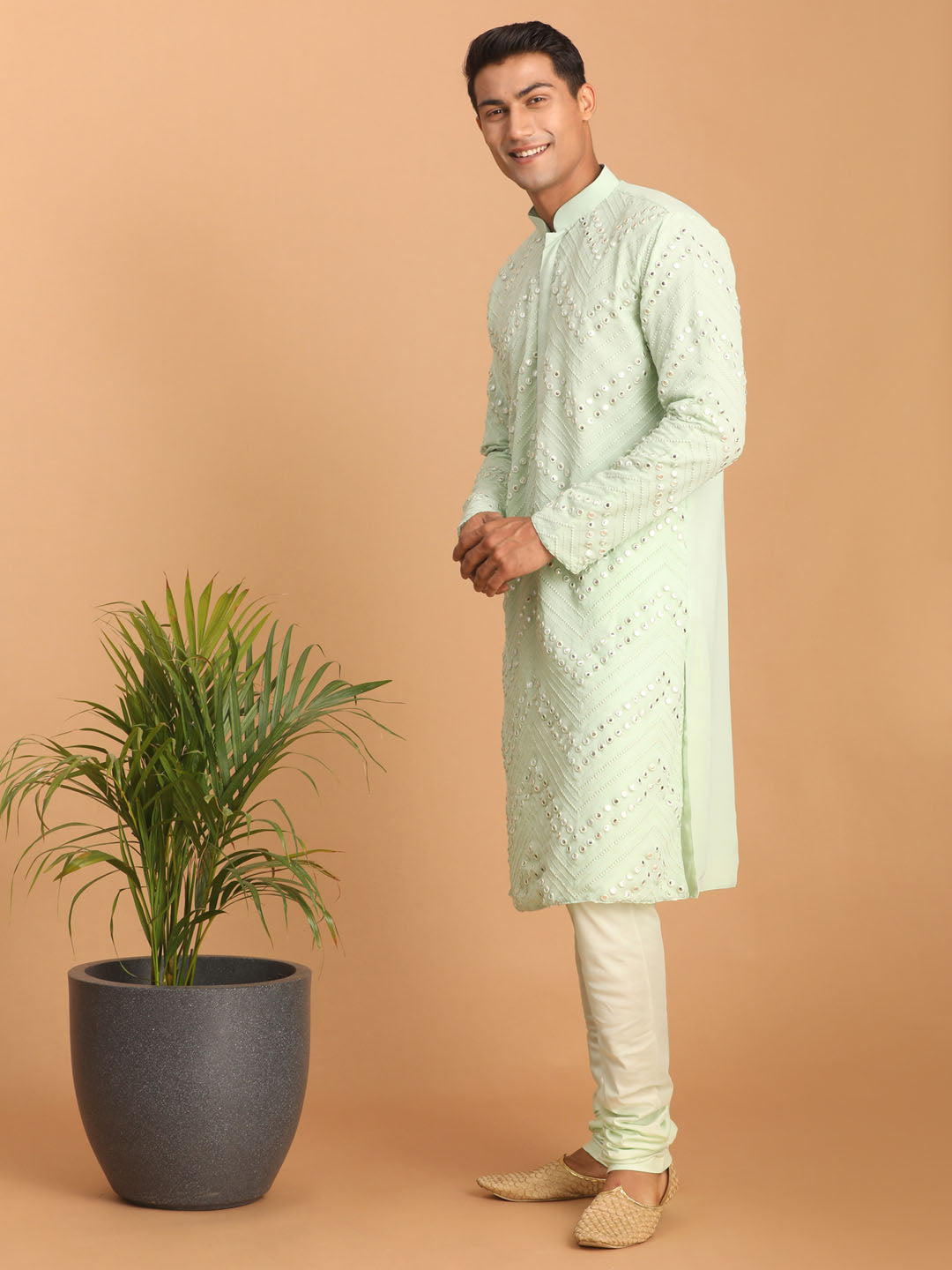 Shrestha by Vastramay Men's Mint Green Georgette Kurta Pyjama Set - Distacart