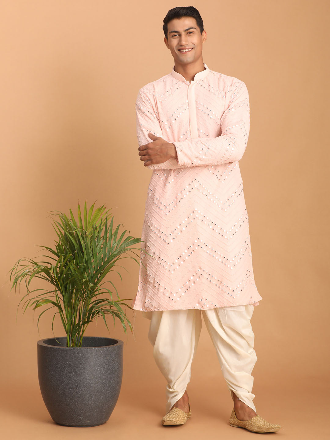 Shrestha by Vastramay Men's Pink And Cream Georgette Kurta And Dhoti Pant Set - Distacart