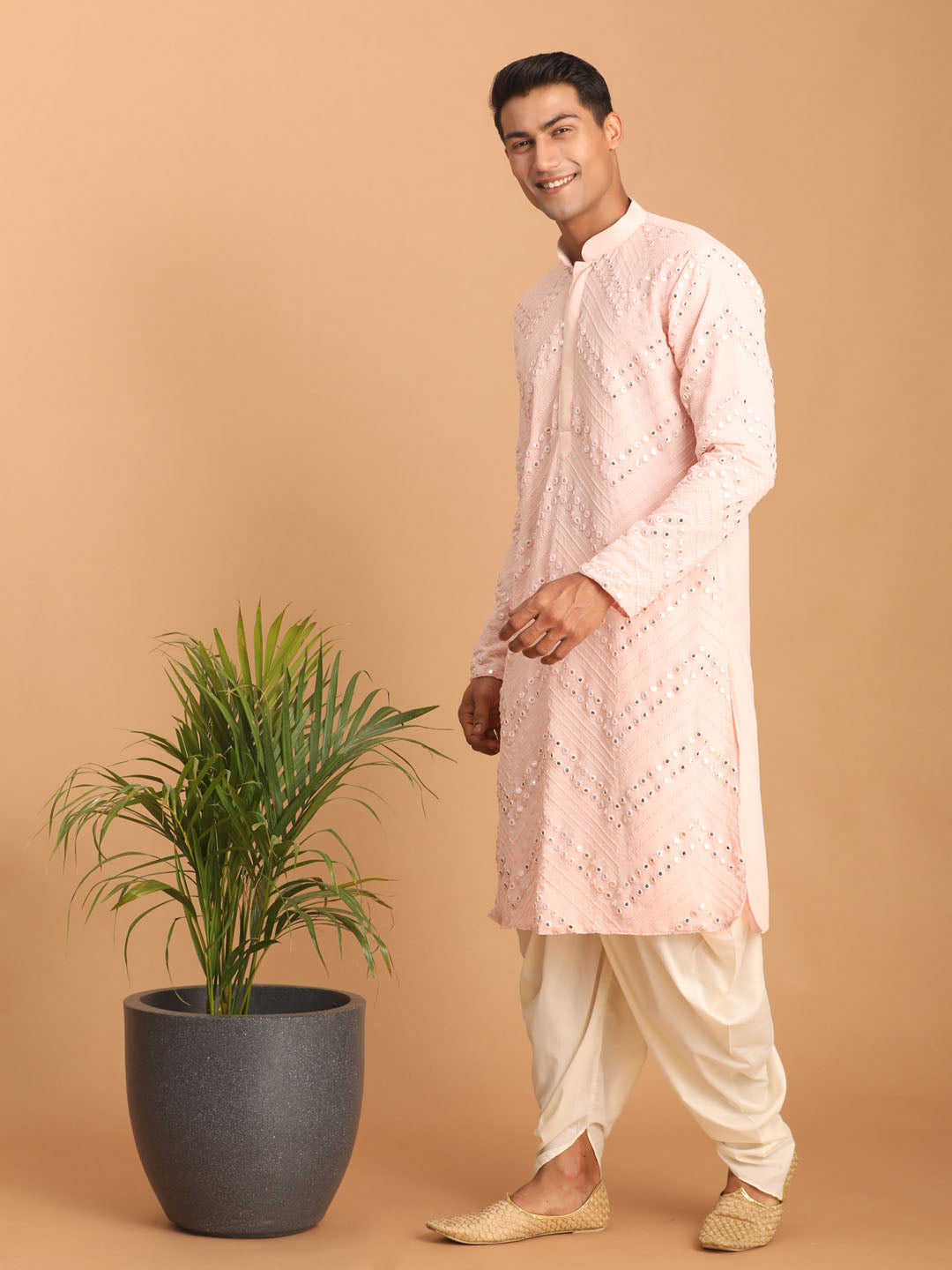 Shrestha by Vastramay Men's Pink And Cream Georgette Kurta And Dhoti Pant Set - Distacart