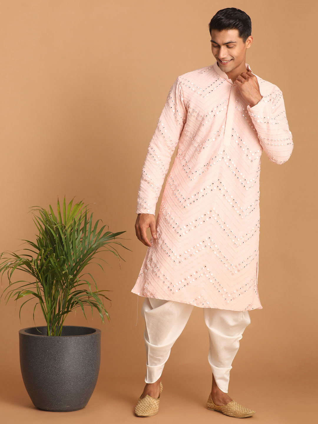 Shrestha by Vastramay Men's Pink And White Georgette Kurta And Dhoti Pant Set - Distacart