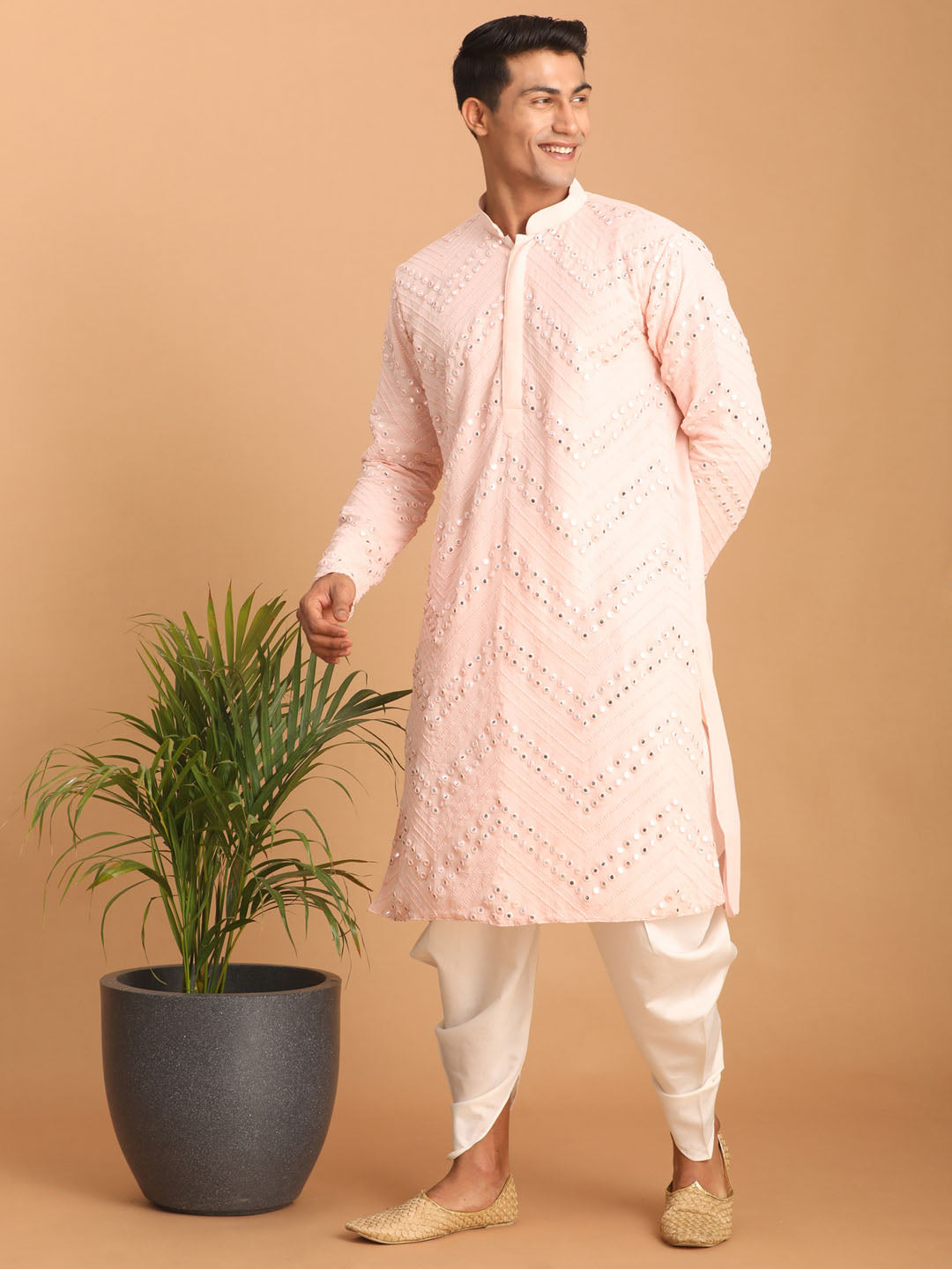 Shrestha by Vastramay Men's Pink And White Georgette Kurta And Dhoti Pant Set - Distacart