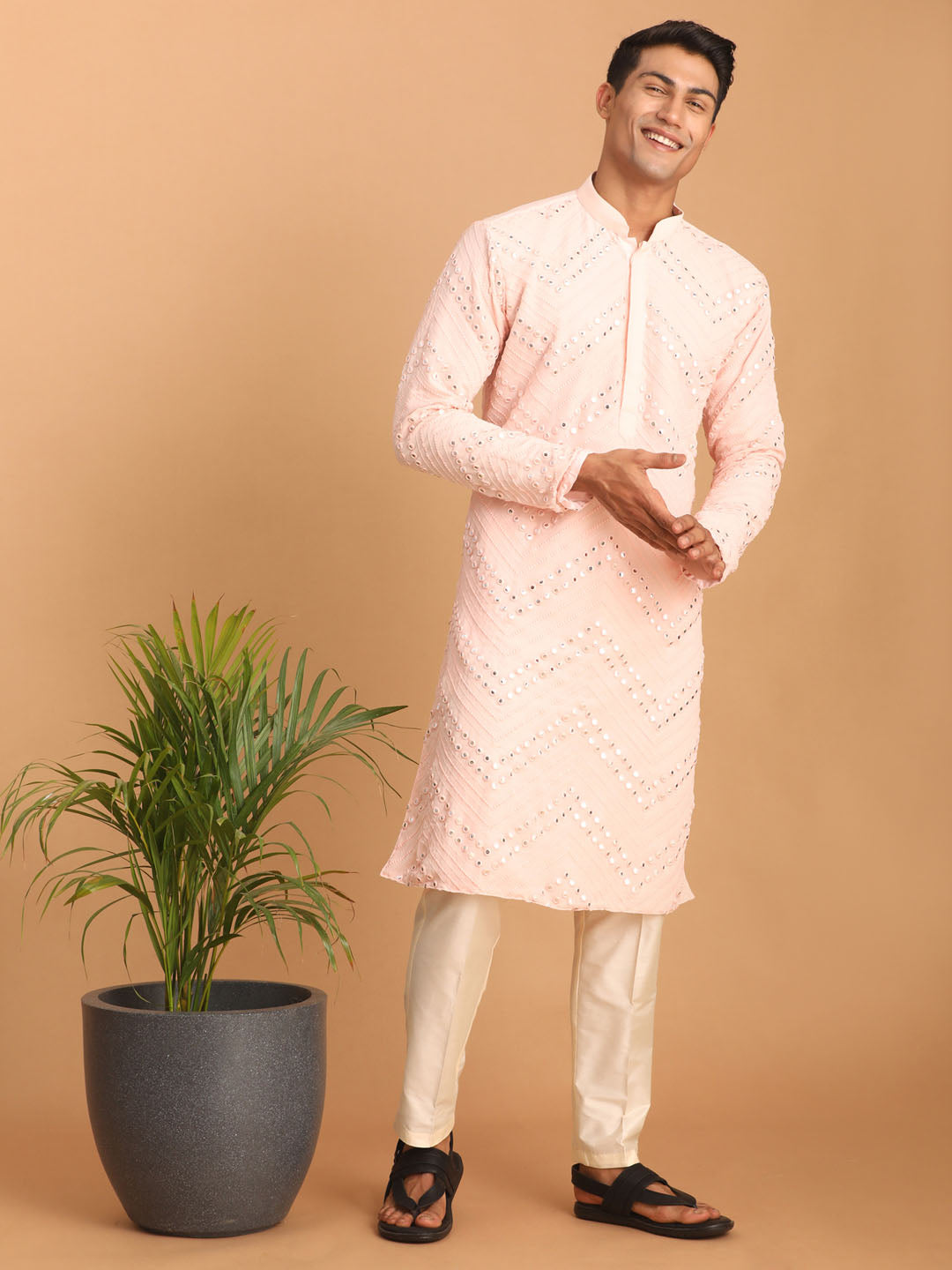 Shrestha by Vastramay Men's Pink And Cream Georgette Kurta Pyjama Set - Distacart