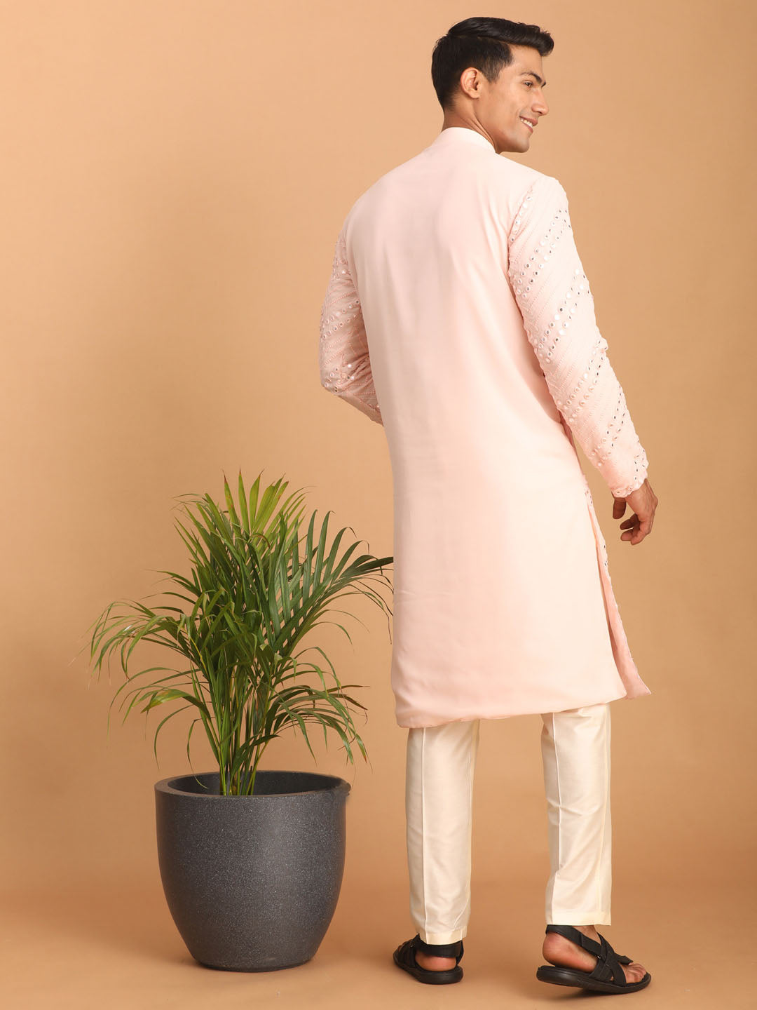 Shrestha by Vastramay Men's Pink And Cream Georgette Kurta Pyjama Set - Distacart