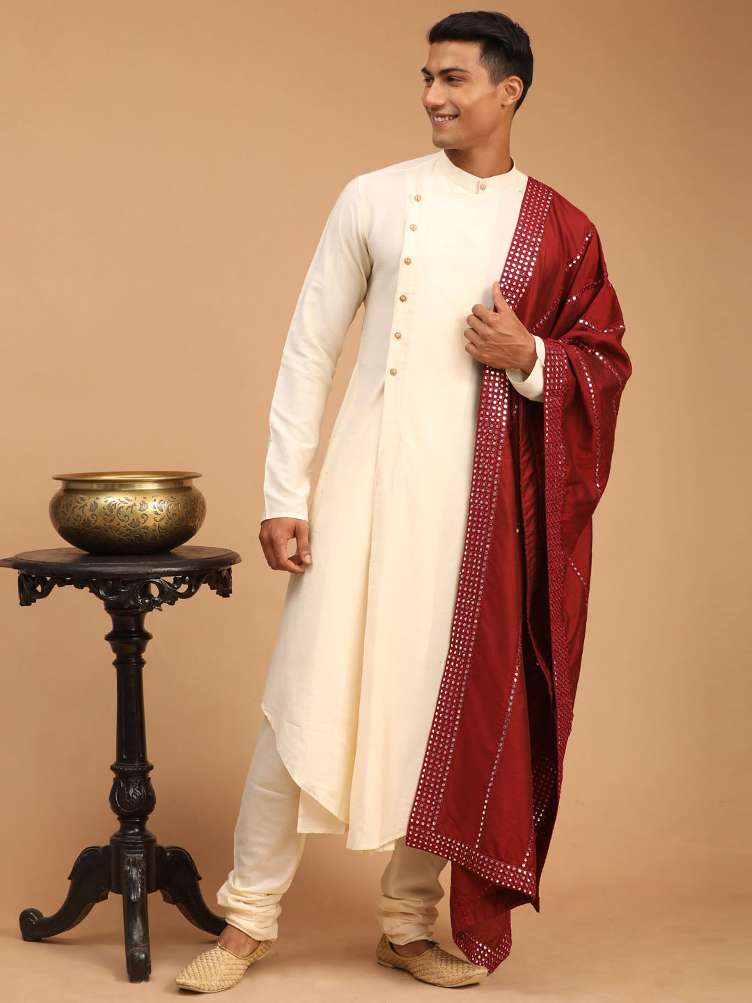Shrestha by Vastramay Men's Cream Viscose Blend Kurta Pyjama Set With Dupatta - Distacart