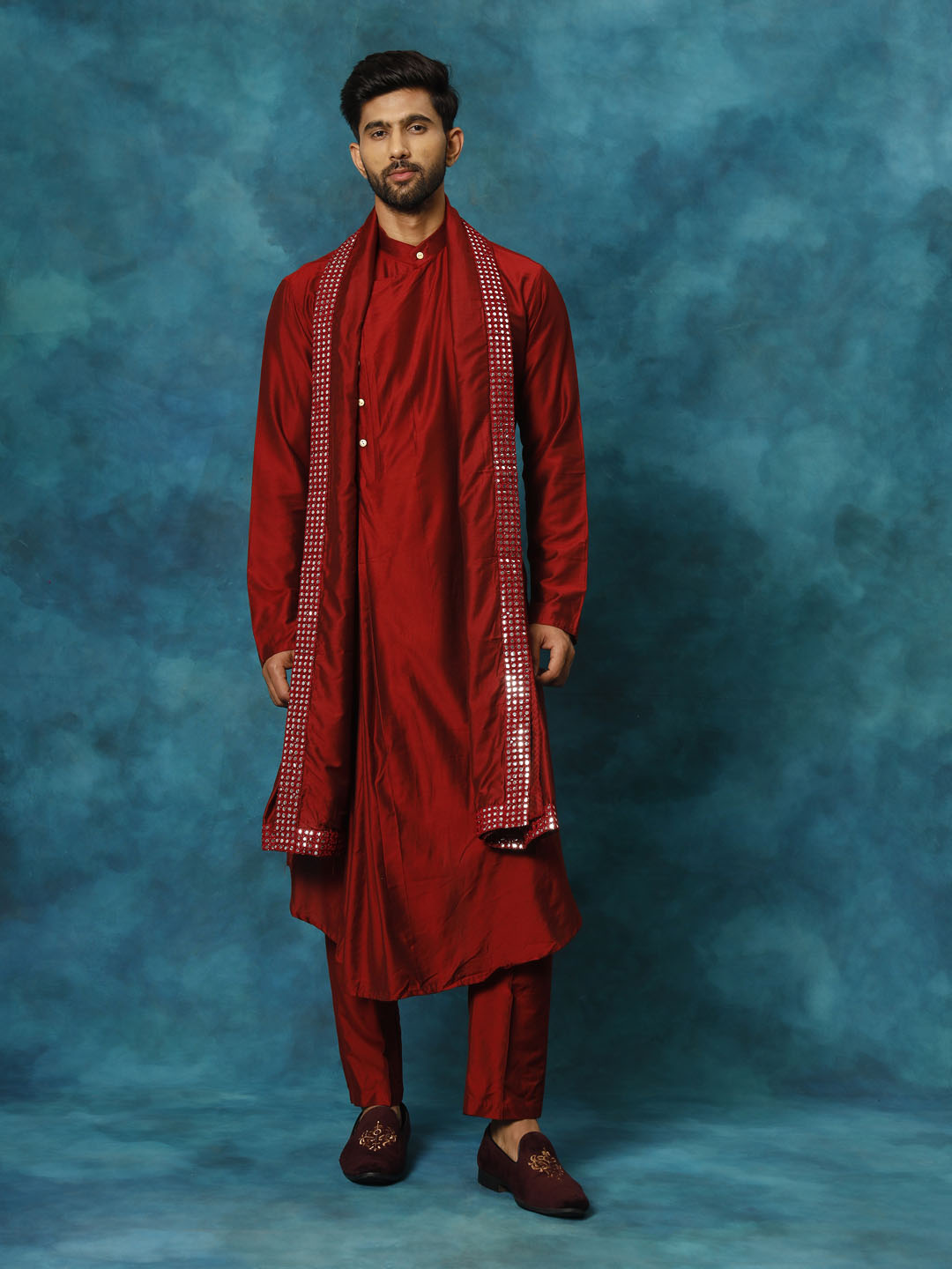 Shrestha by Vastramay Men's Maroon Viscose Blend Kurta, Pyjama & Dupatta Set - Distacart