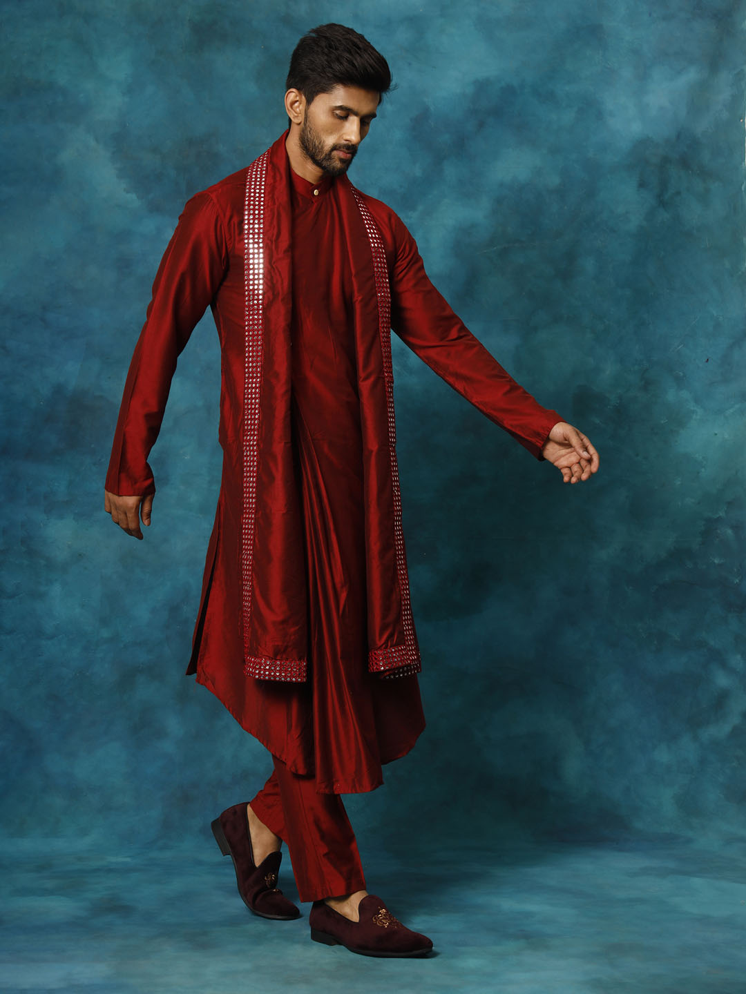 Shrestha by Vastramay Men's Maroon Viscose Blend Kurta, Pyjama & Dupatta Set - Distacart
