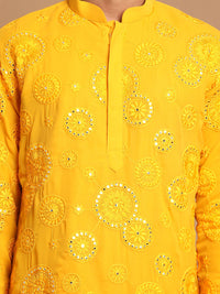 Thumbnail for Shrestha by Vastramay Men's Yellow And Cream Georgette Kurta Pyjama Set - Distacart