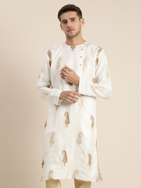 Shrestha By Vastramay Men's White And Gold Silk Blend Kurta - Distacart