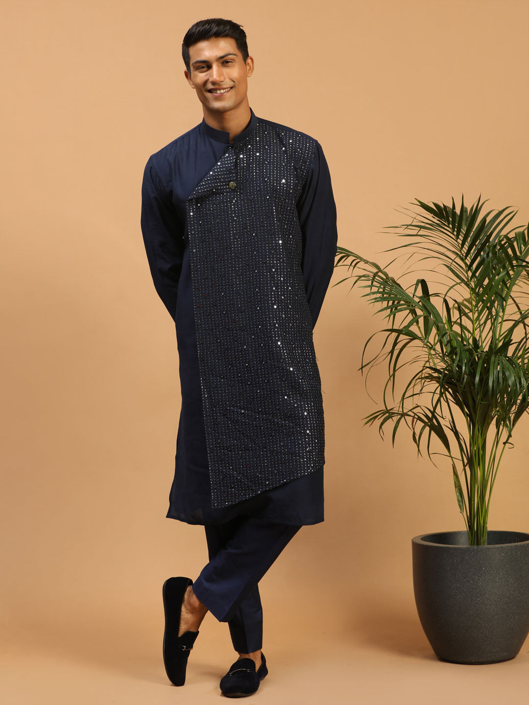 Vastramay Men's Navy Blue Cotton Blend Kurta & Pyjama - Distacart