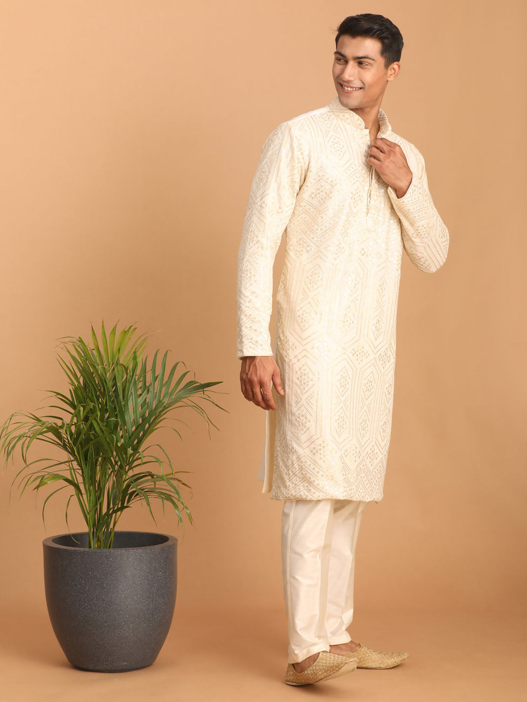 Shrestha by Vastramay Men's Cream Cotton Blend Kurta Pyjama Set - Distacart