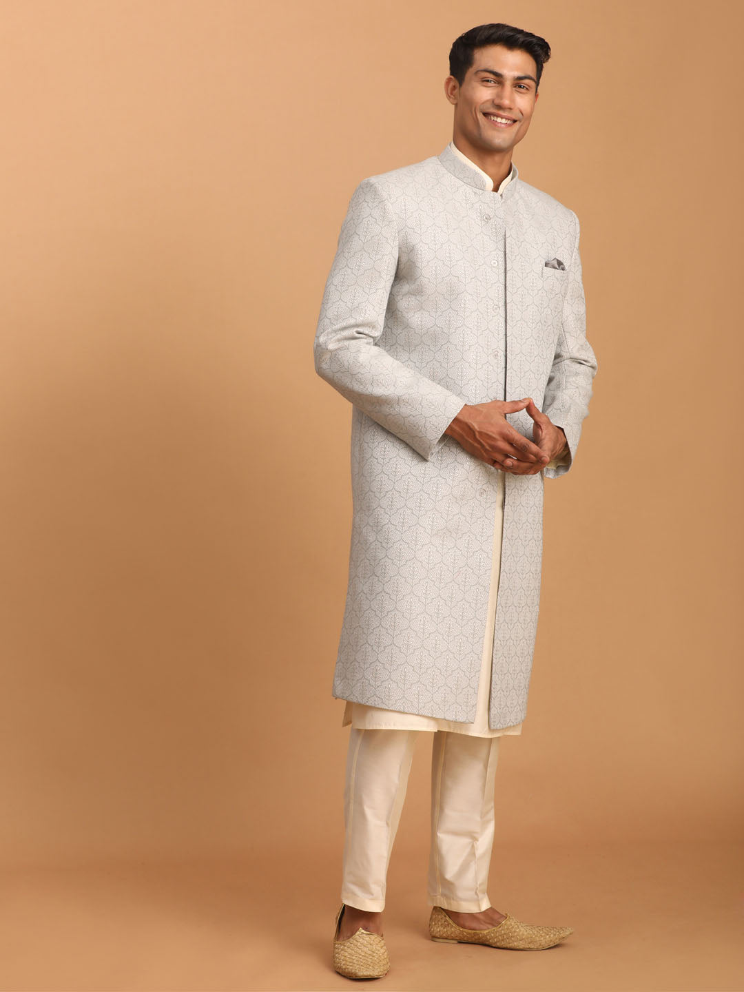 Shrestha by Vastramay Men's Grey And Cream Cotton Blend Ethnic Combo Set - Distacart