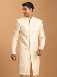Thumbnail for Shrestha by Vastramay Men's Cream Cotton Blend Sherwani Only Top - Distacart