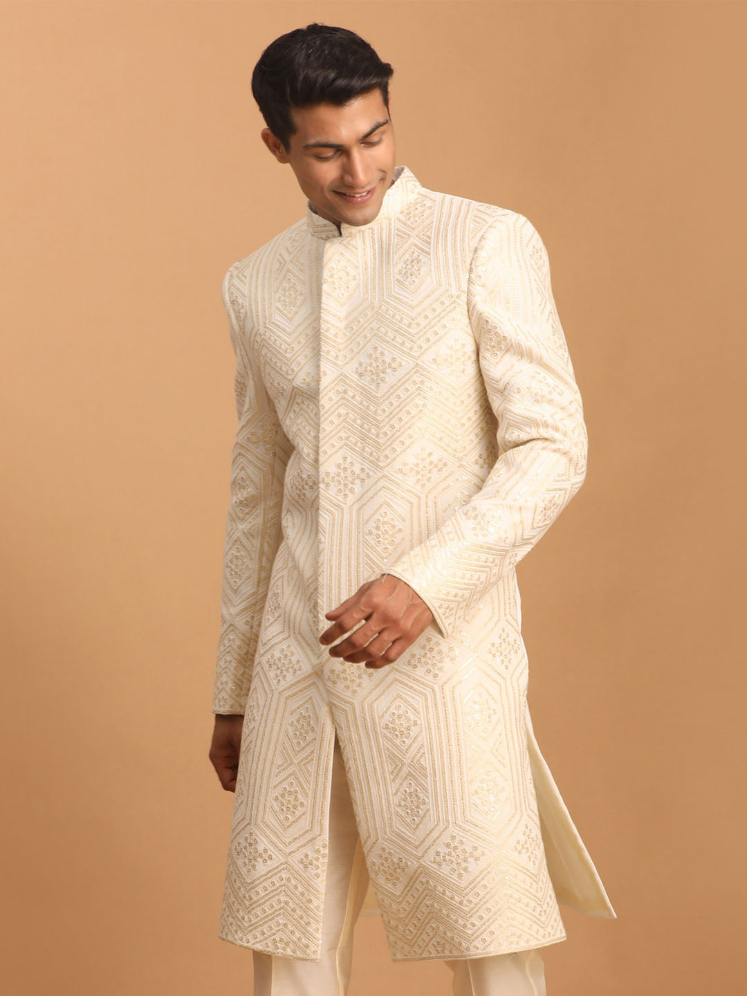 Shrestha by Vastramay Men's Cream Cotton Blend Sherwani Only Top - Distacart