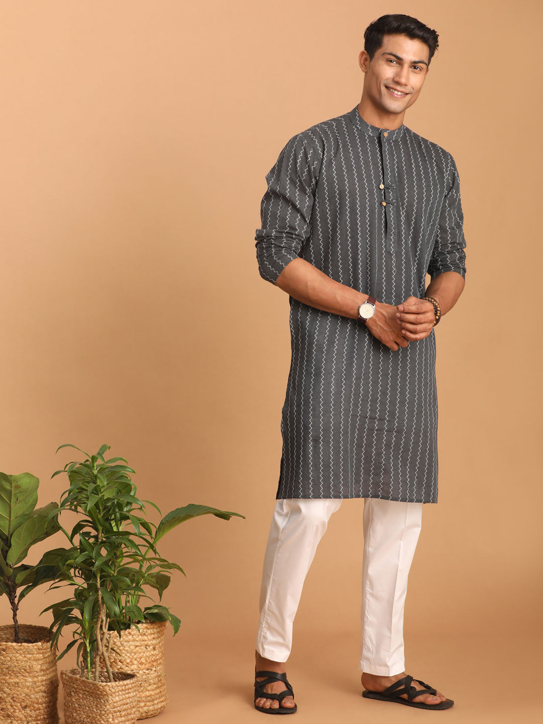 Shvaas by Vastramay Men's Grey And White Cotton Kurta Pyjama Set - Distacart