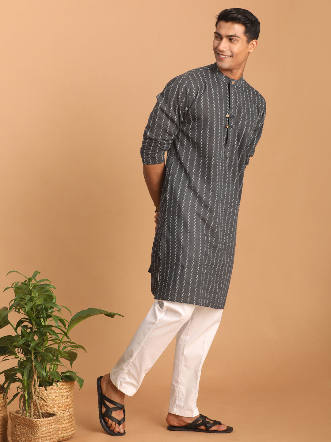 Shvaas by Vastramay Men's Grey And White Cotton Kurta Pyjama Set - Distacart