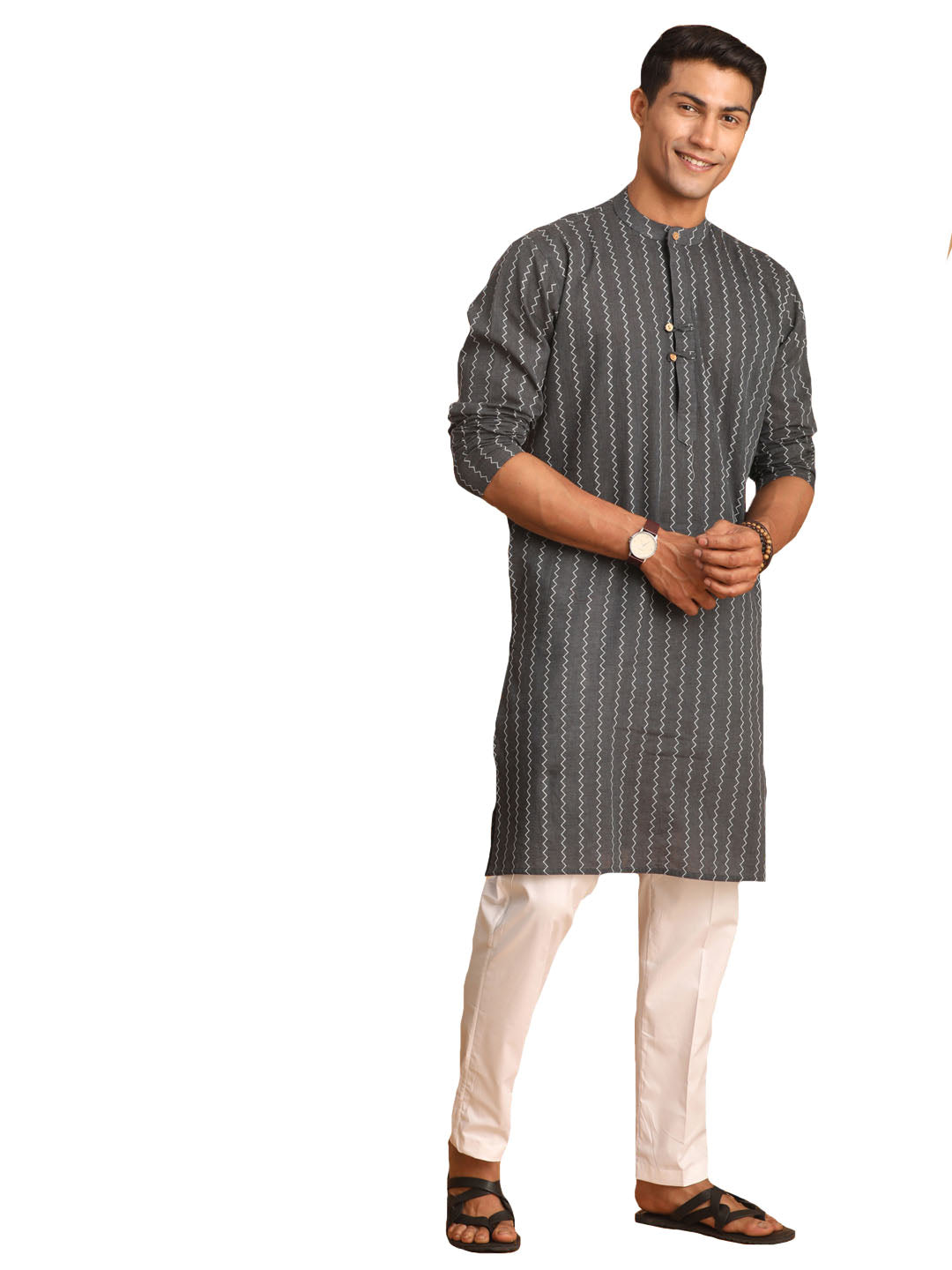 Shvaas by Vastramay Men's Grey And White Cotton Kurta Pyjama Set - Distacart