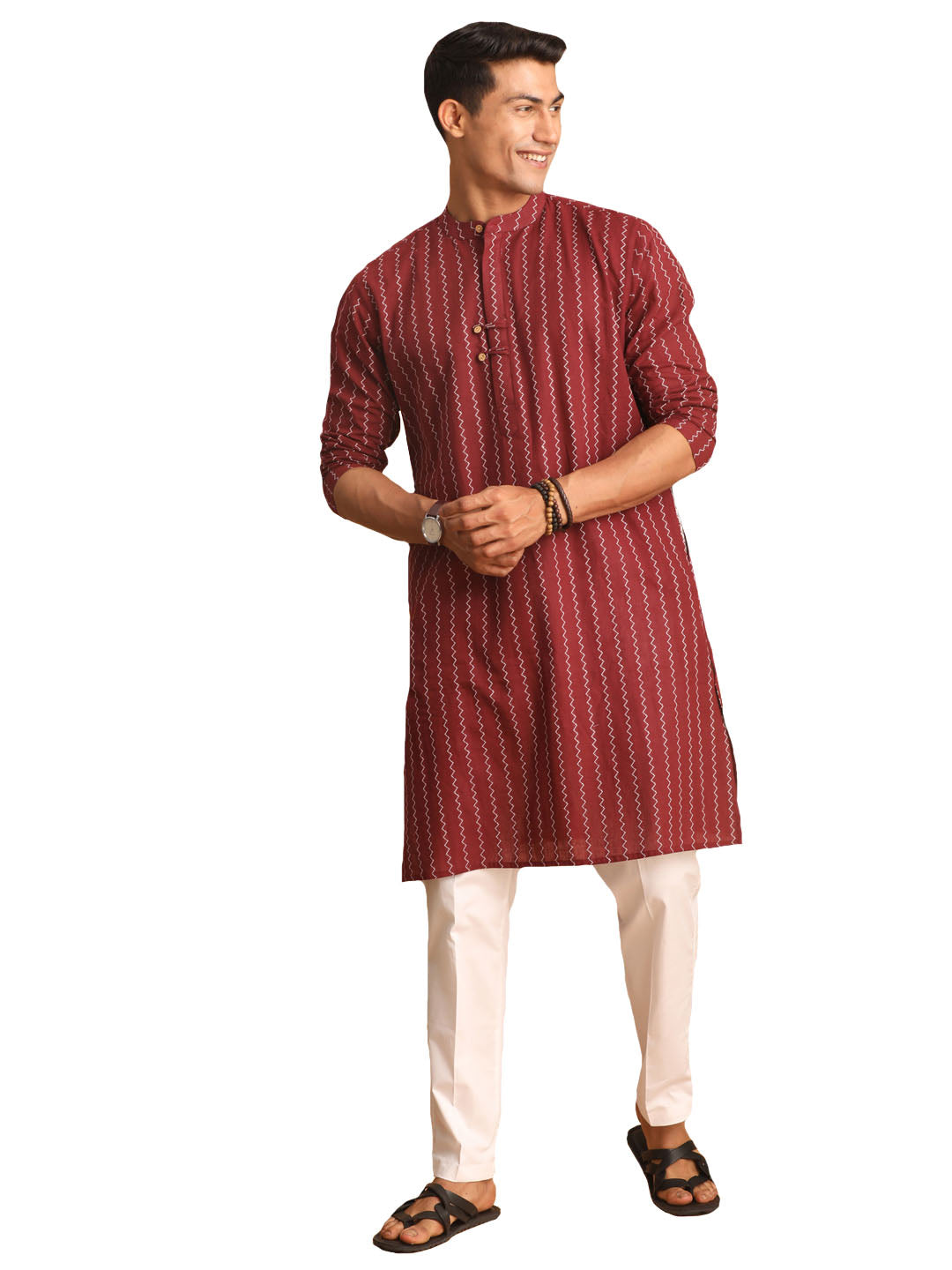 Shvaas by Vastramay Men's Maroon And White Cotton Kurta Pyjama Set - Distacart