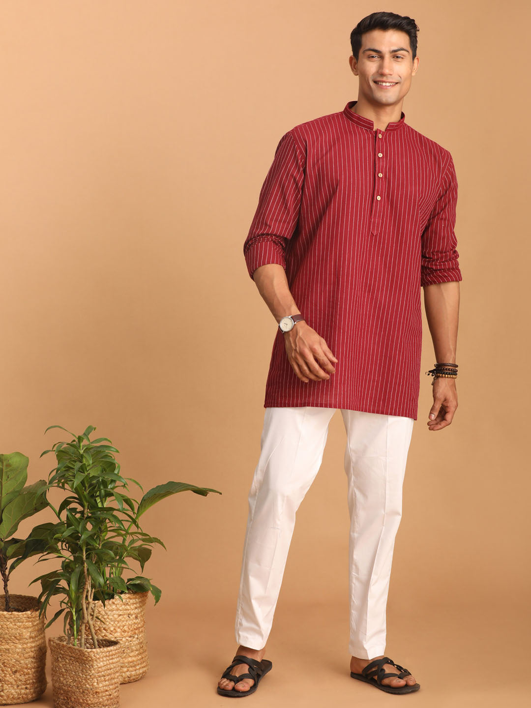 Shvaas by Vastramay Men's Maroon And White Cotton Kurta Pyjama Set - Distacart