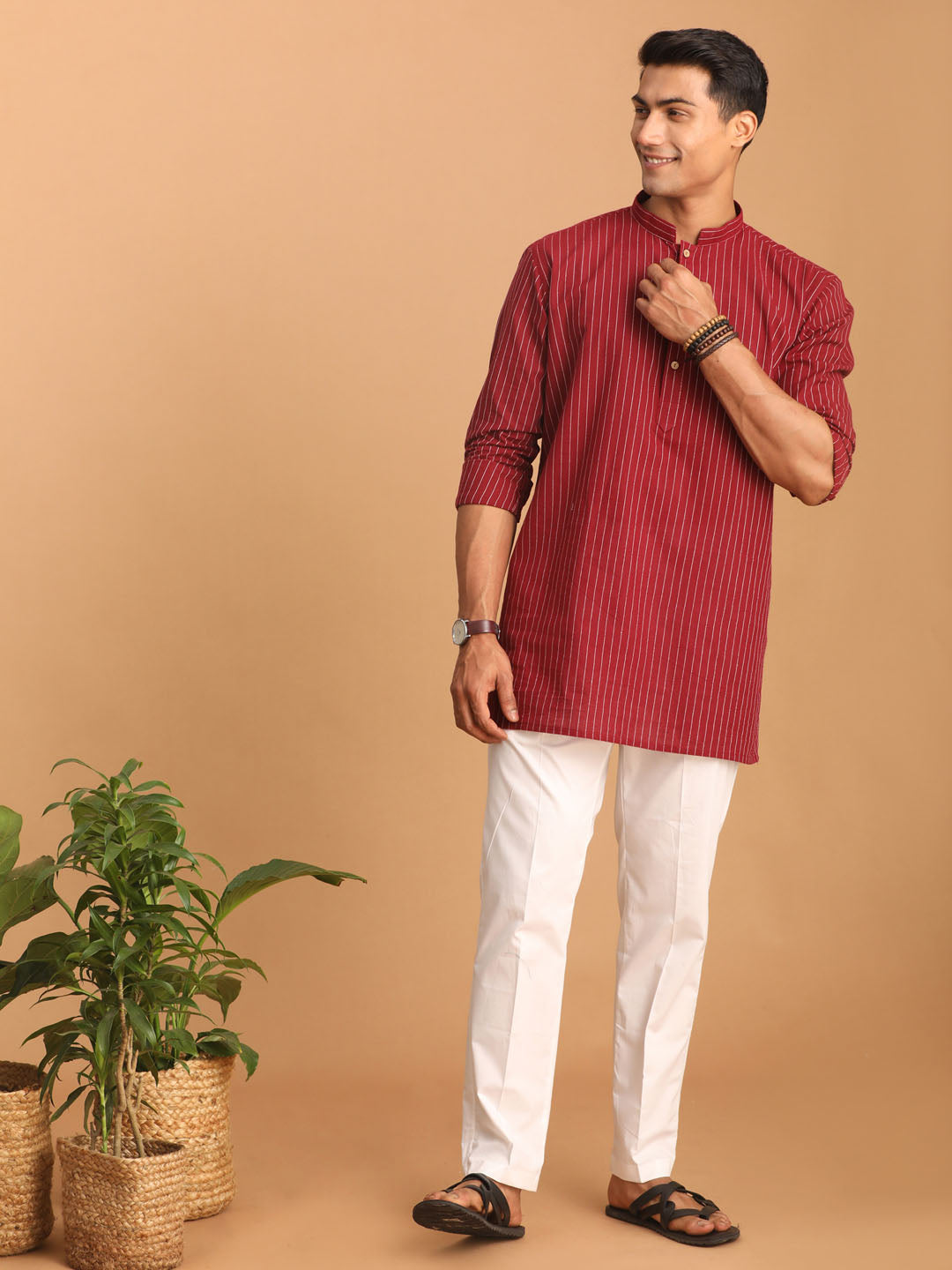 Shvaas by Vastramay Men's Maroon And White Cotton Kurta Pyjama Set - Distacart
