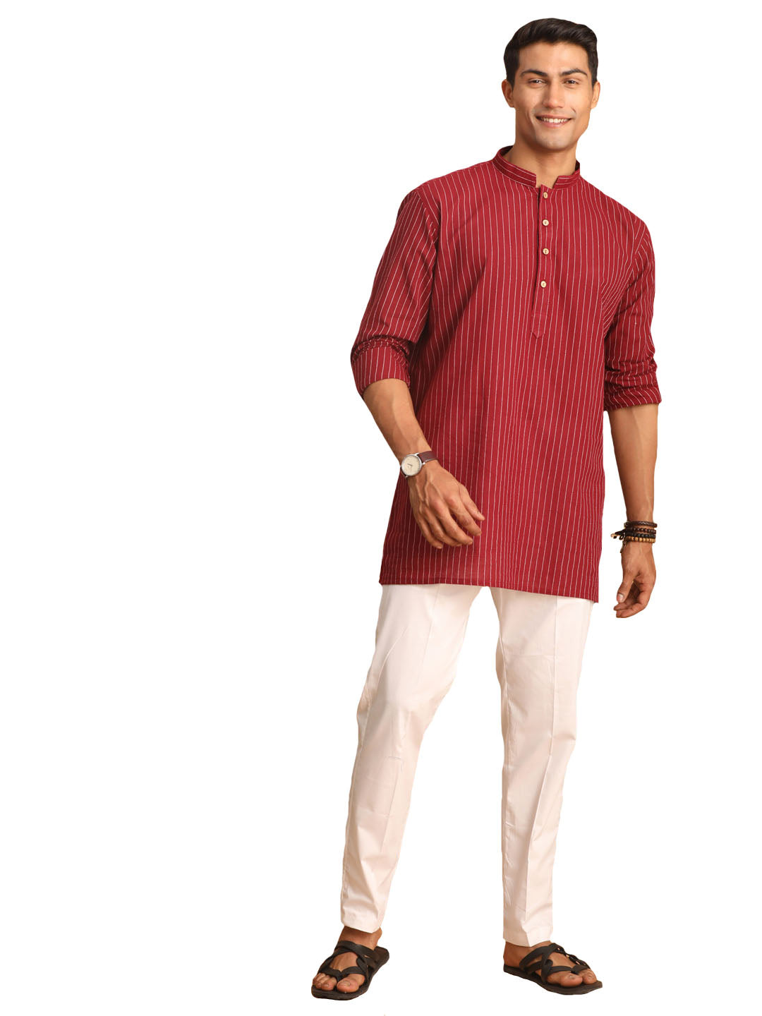 Shvaas by Vastramay Men's Maroon And White Cotton Kurta Pyjama Set - Distacart