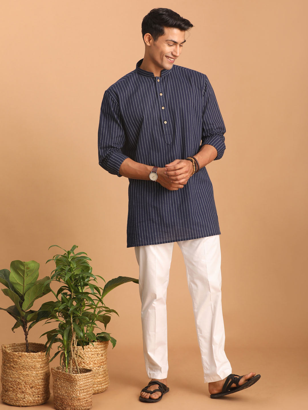 Shvaas by Vastramay Men's Navy Blue And White Cotton Kurta Pyjama Set - Distacart