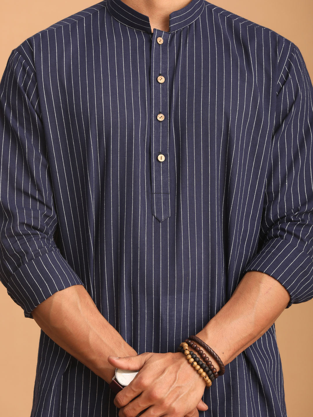 Shvaas by Vastramay Men's Navy Blue And White Cotton Kurta Pyjama Set - Distacart