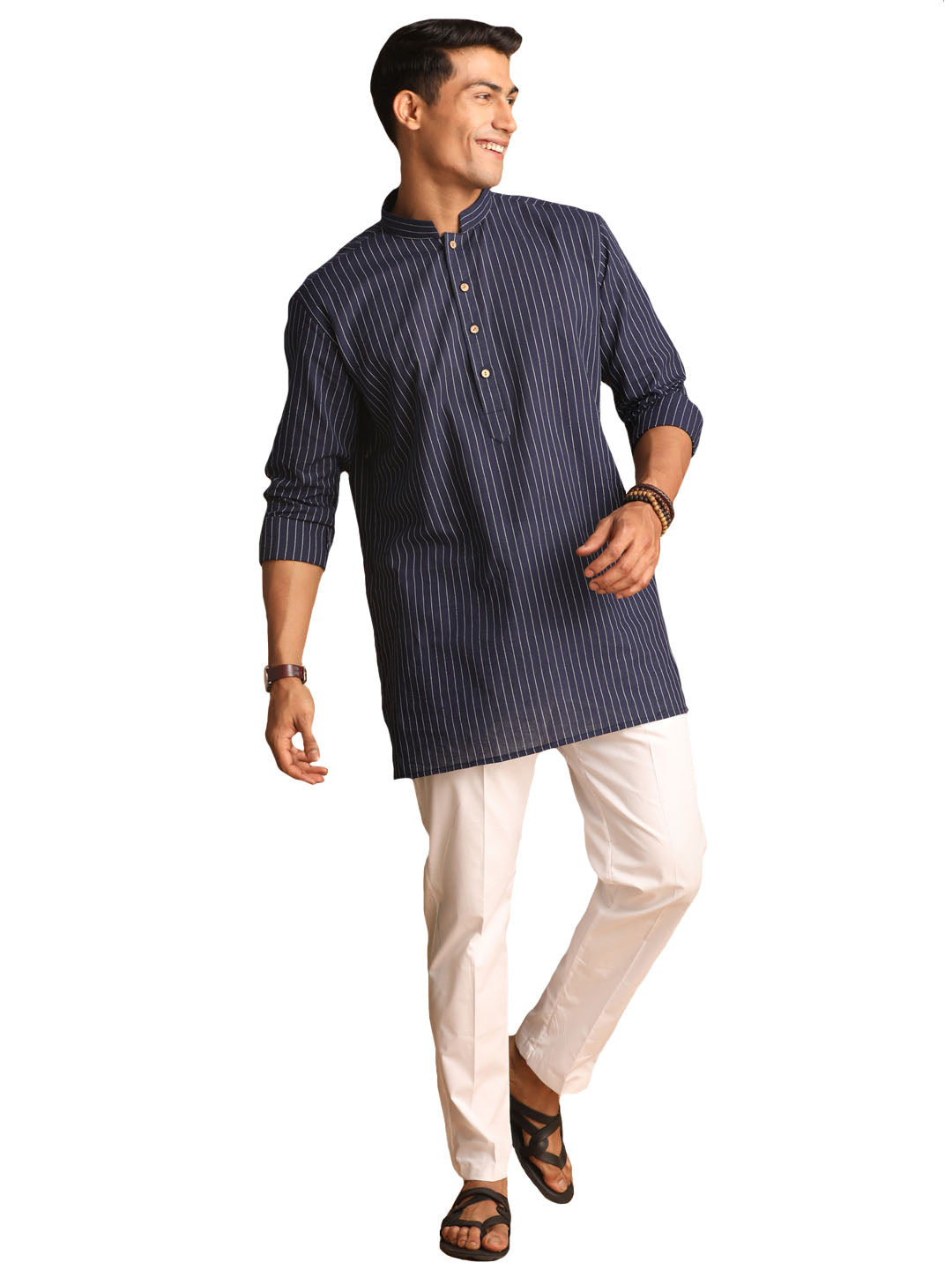 Shvaas by Vastramay Men's Navy Blue And White Cotton Kurta Pyjama Set - Distacart