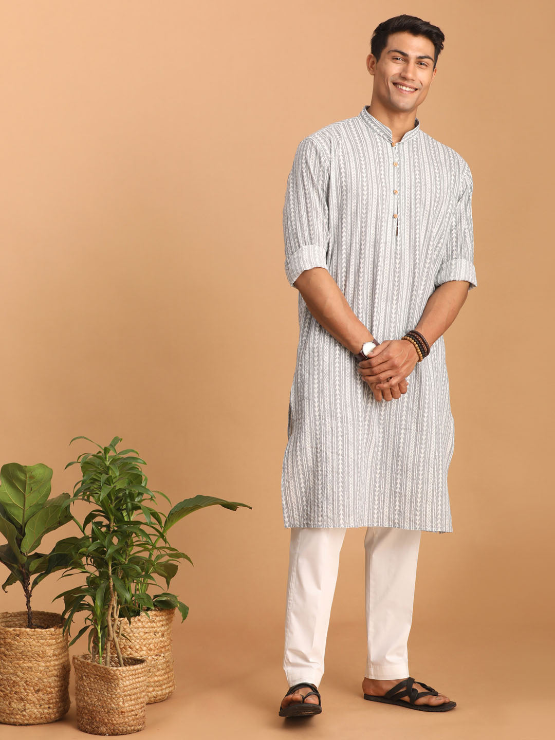 Shvaas by Vastramay Men's Grey And White Cotton Kurta And Pyjama Set - Distacart