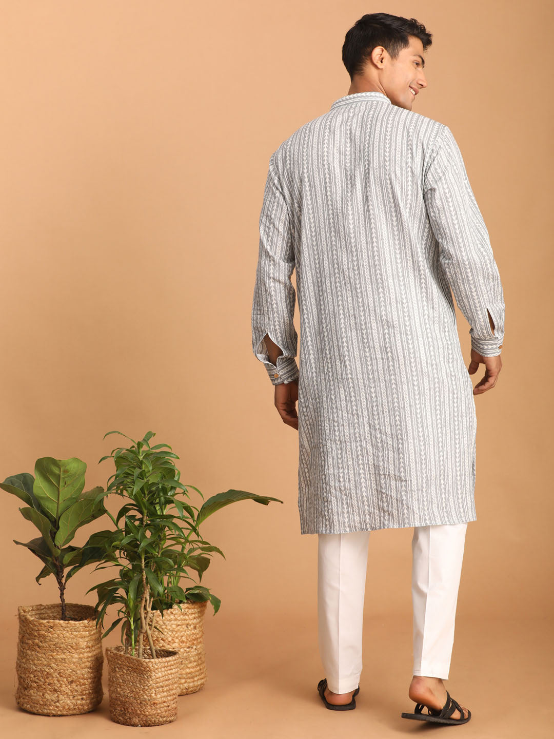 Shvaas by Vastramay Men's Grey And White Cotton Kurta And Pyjama Set - Distacart