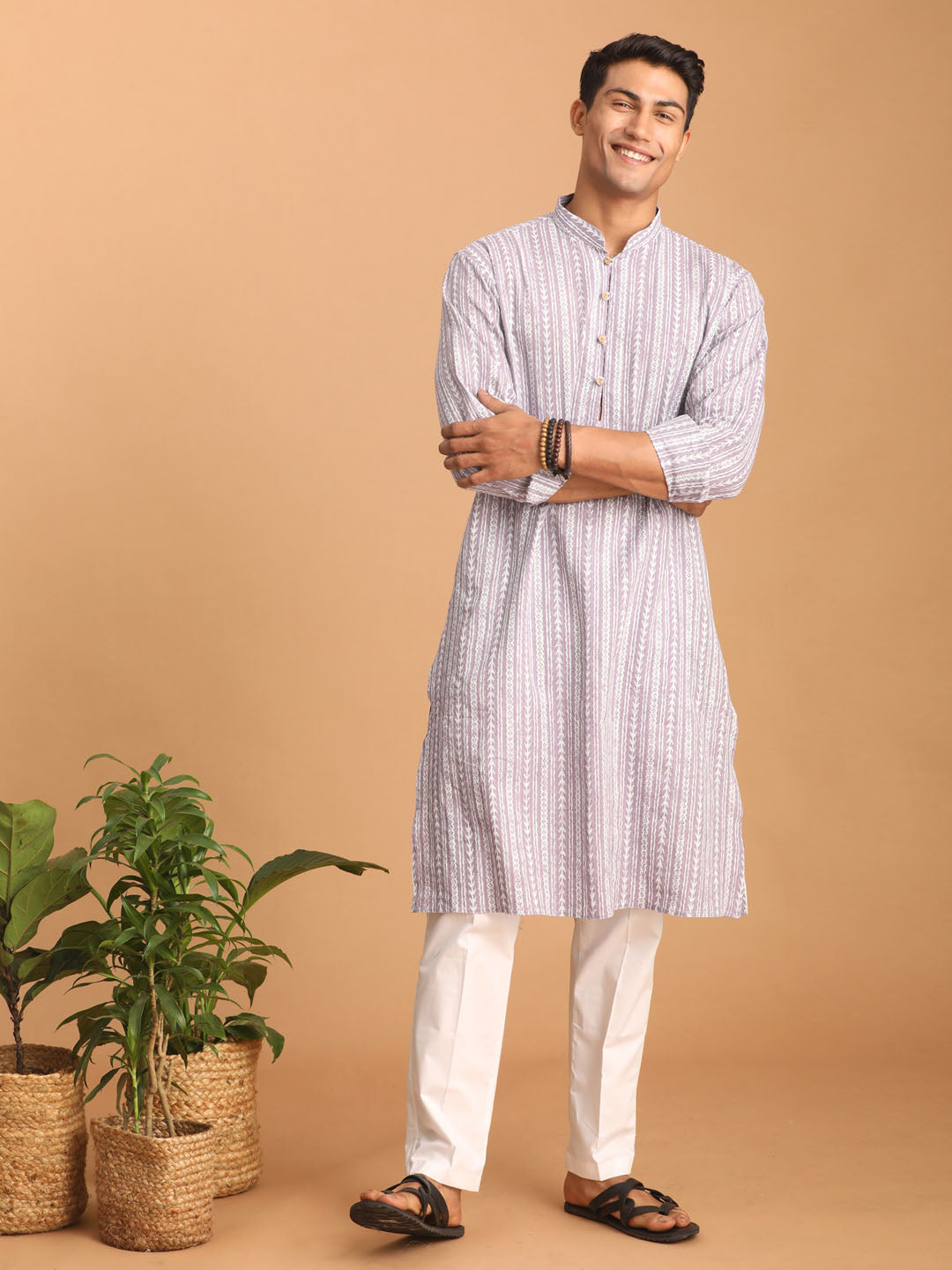 Shvaas by Vastramay Men's Purple And White Cotton Kurta And Pyjama Set - Distacart