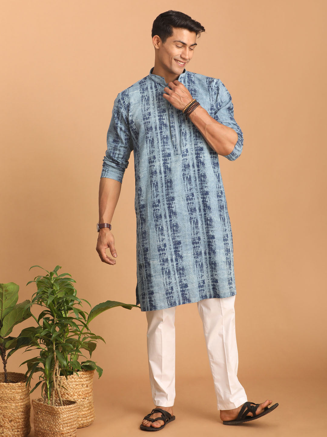Shvaas by Vastramay Men's Indigo Blue And White Cotton Kurta Pyjama Set - Distacart