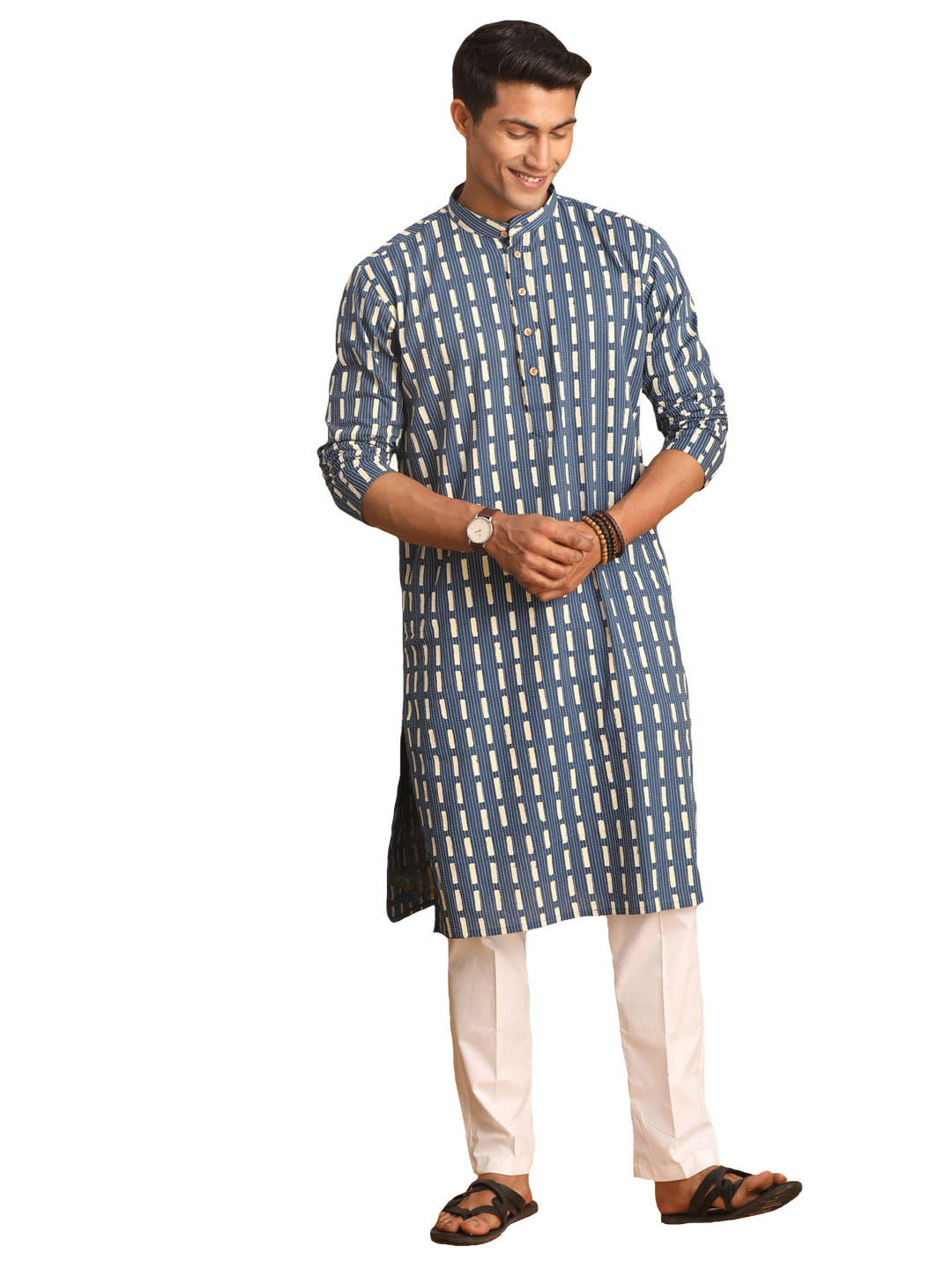 Shvaas by Vastramay Men's Indigo Blue And White Cotton Kurta And Pyjama Set - Distacart