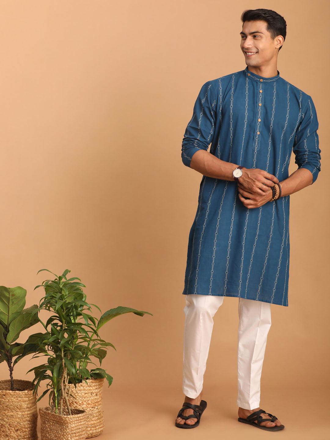 Shvaas by Vastramay Men's Indigo Blue Cotton Kurta And Pyjama Set - Distacart
