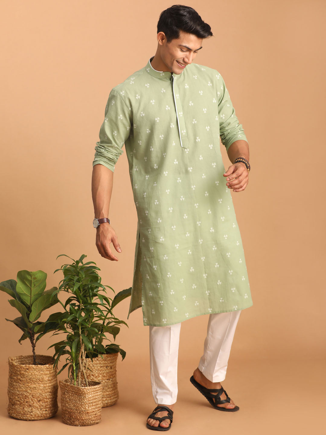 Shvaas by Vastramay Men's Green And White Cotton Kurta Pyjama Set - Distacart