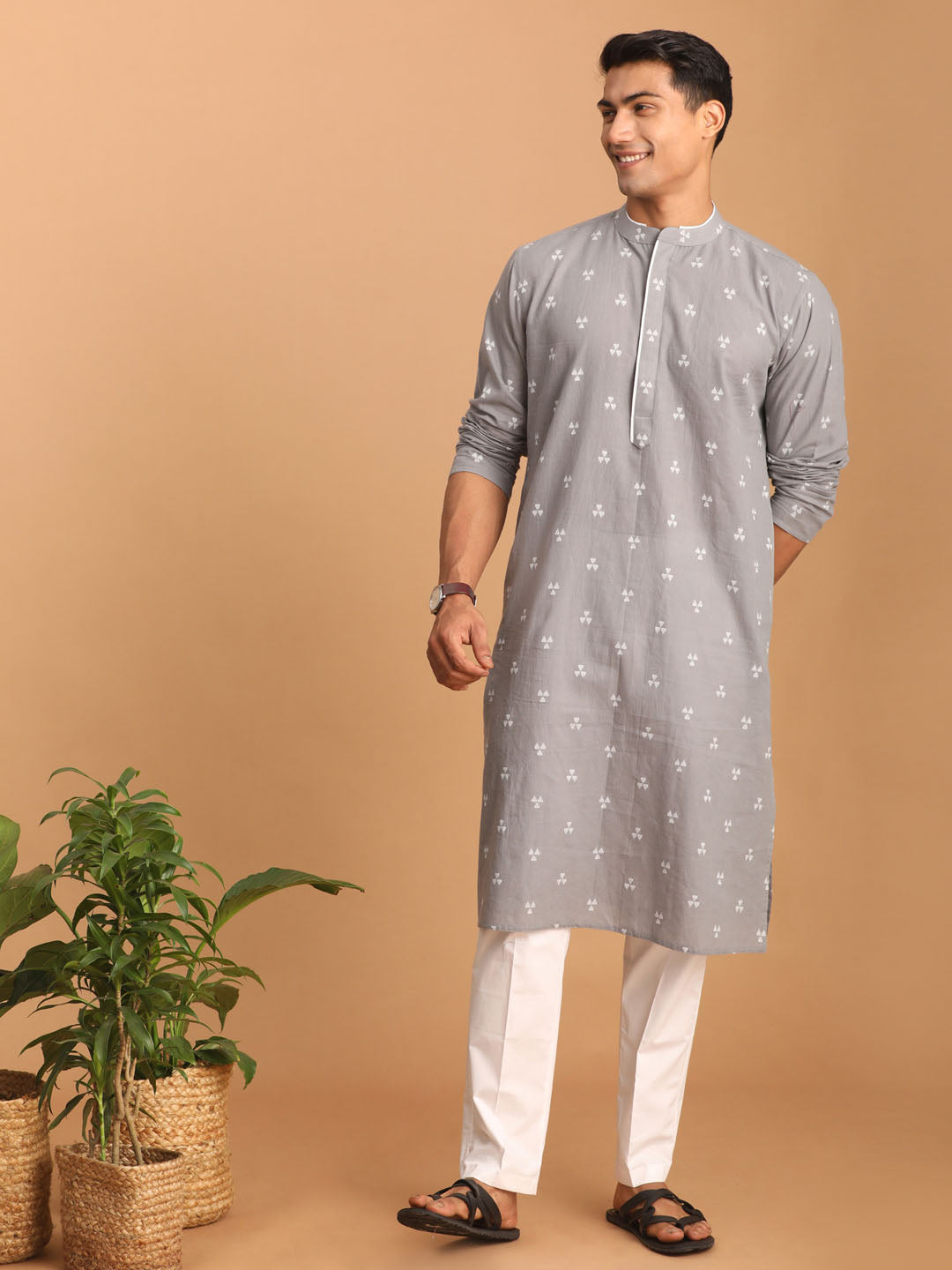 Shvaas by Vastramay Men's Grey And White Cotton Kurta And Pyjama Set - Distacart