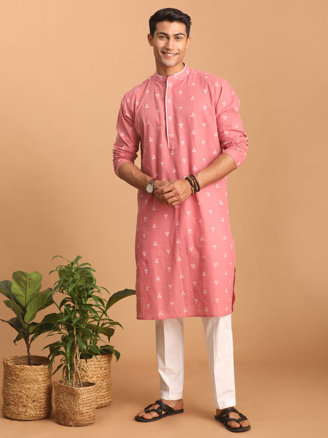 Shvaas by Vastramay Men's Pink And White Cotton Kurta Pyjama Set - Distacart