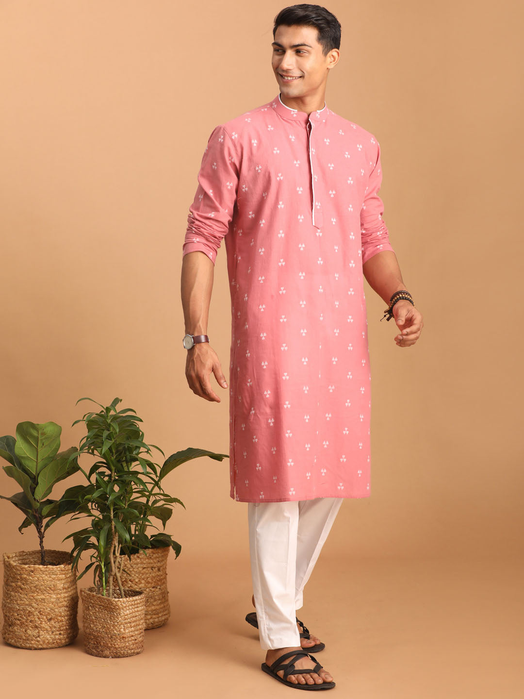 Shvaas by Vastramay Men's Pink And White Cotton Kurta Pyjama Set - Distacart