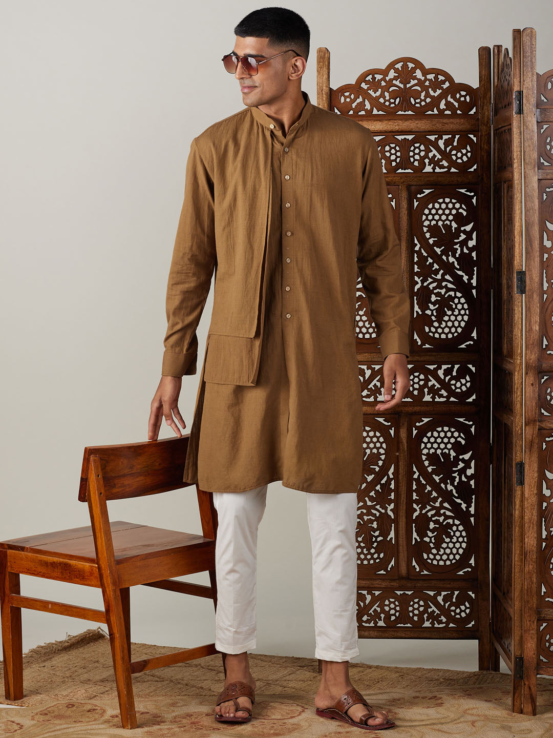 Shvaas by Vastramay Men's Coffee And Cream Cotton Kurta Pyjama Set - Distacart