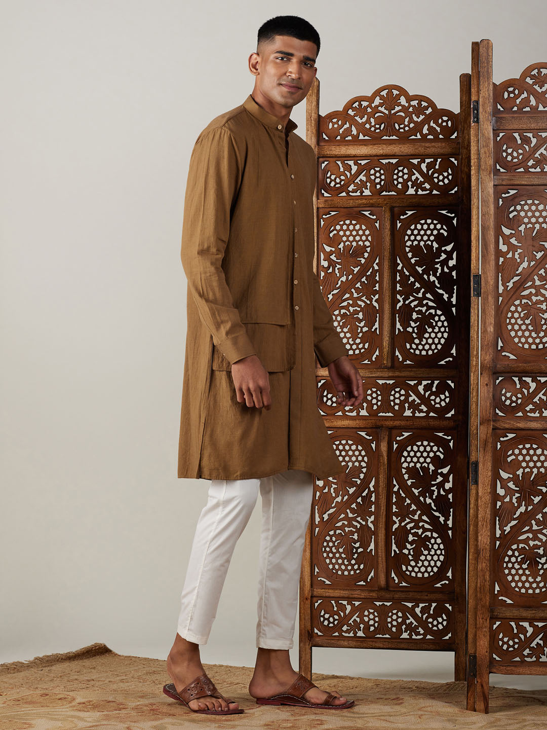 Shvaas by Vastramay Men's Coffee And Cream Cotton Kurta Pyjama Set - Distacart