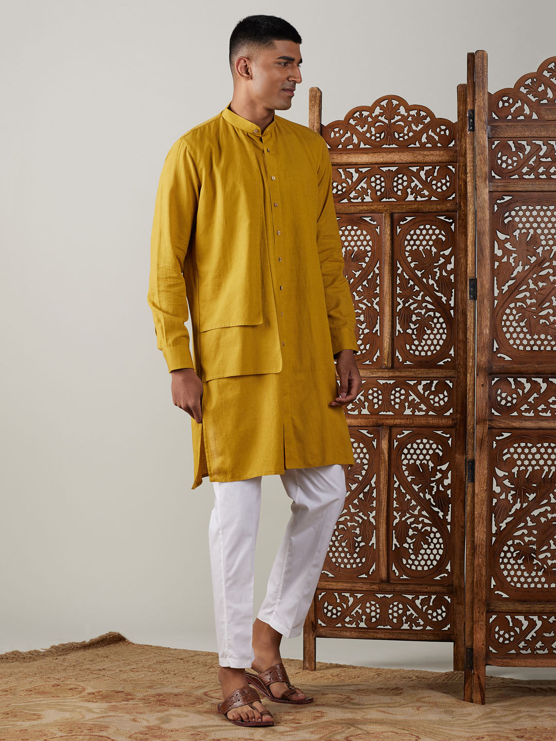 Shvaas by Vastramay Men's Mustard And White Cotton Kurta Pyjama Set - Distacart