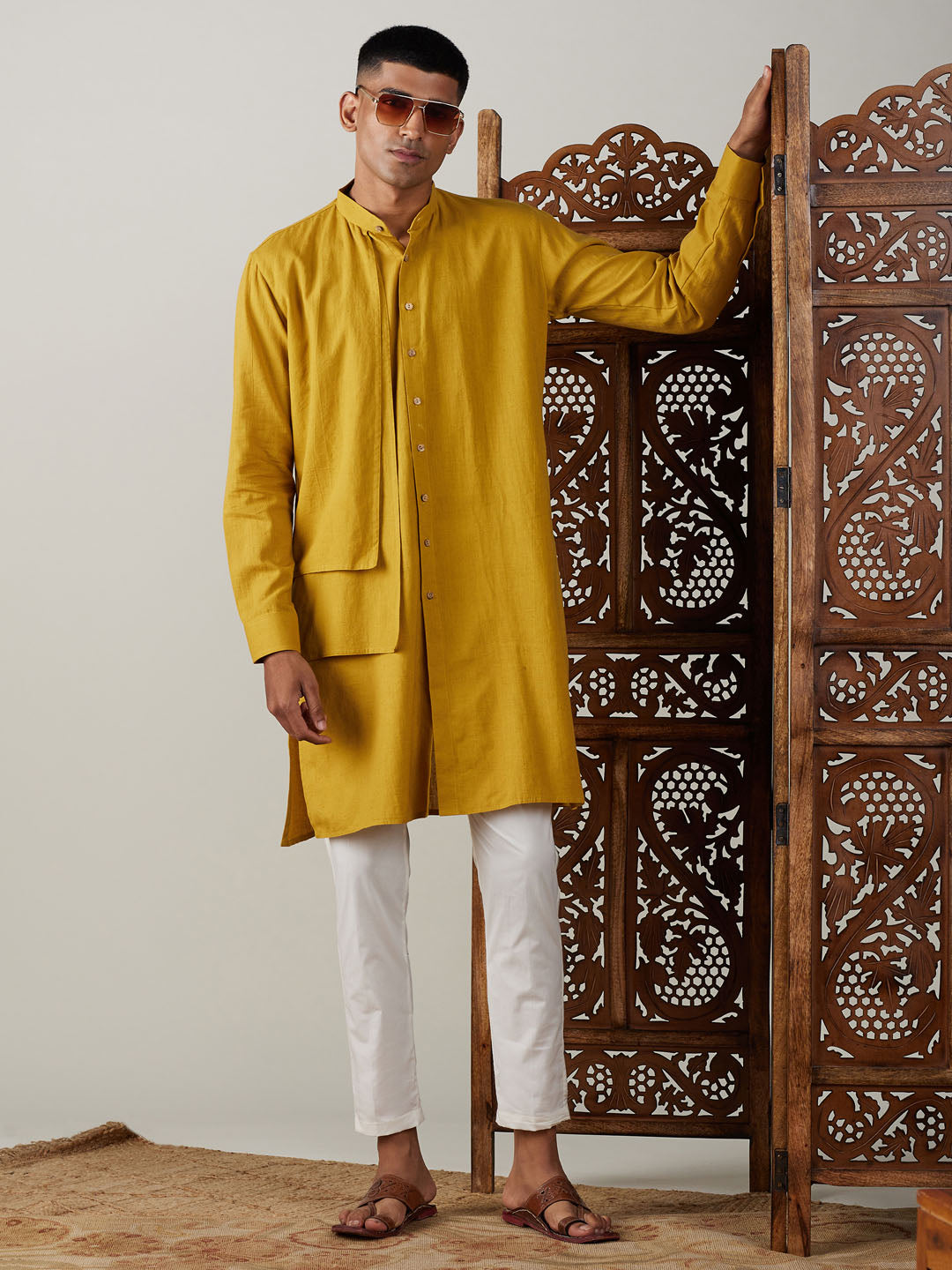Shvaas by Vastramay Men's Mustard And Cream Cotton Kurta Pyjama Set - Distacart