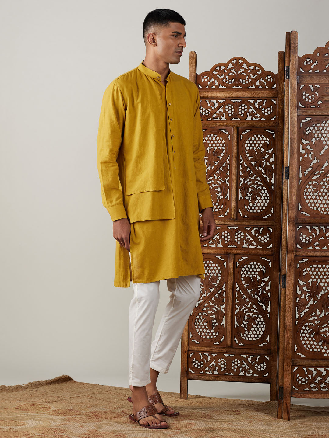 Shvaas by Vastramay Men's Mustard And Cream Cotton Kurta Pyjama Set - Distacart