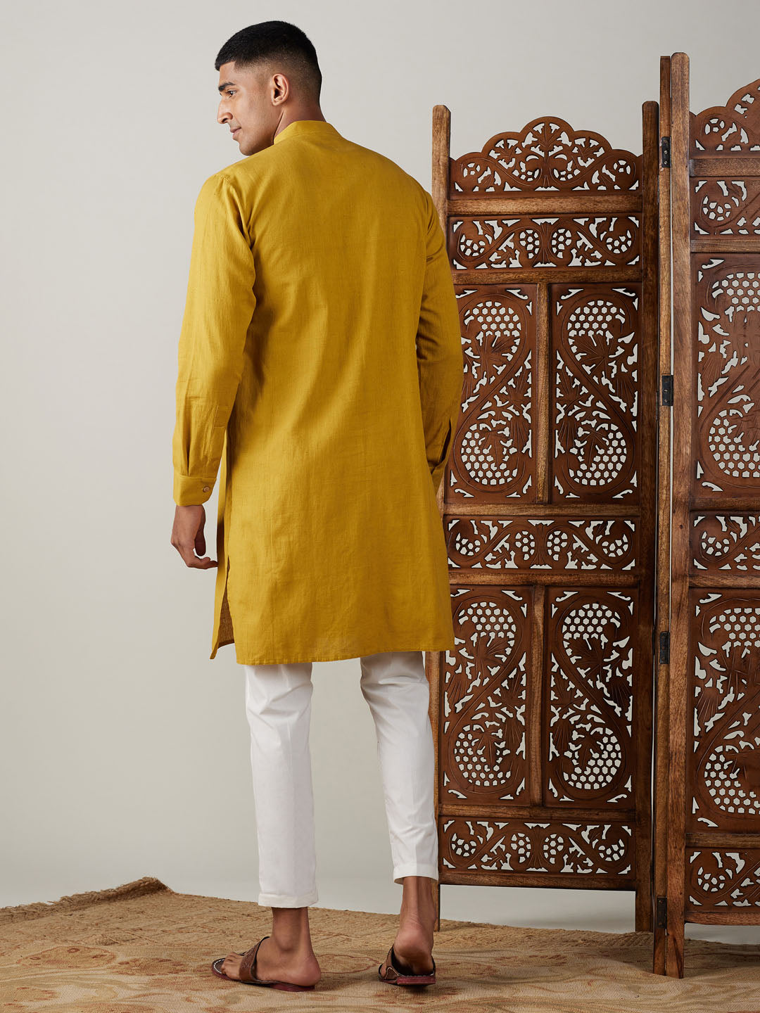 Shvaas by Vastramay Men's Mustard And Cream Cotton Kurta Pyjama Set - Distacart