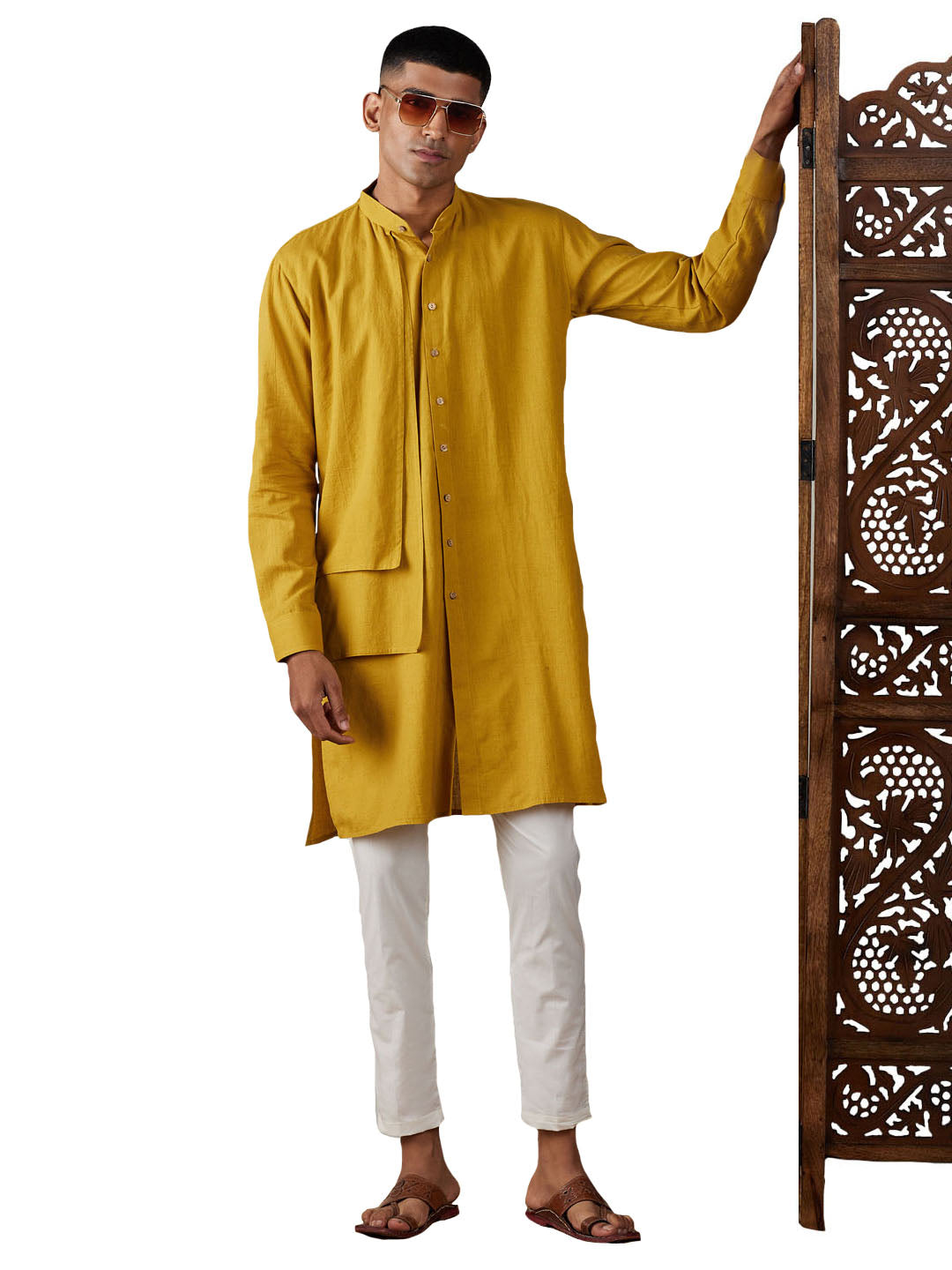 Shvaas by Vastramay Men's Mustard And Cream Cotton Kurta Pyjama Set - Distacart