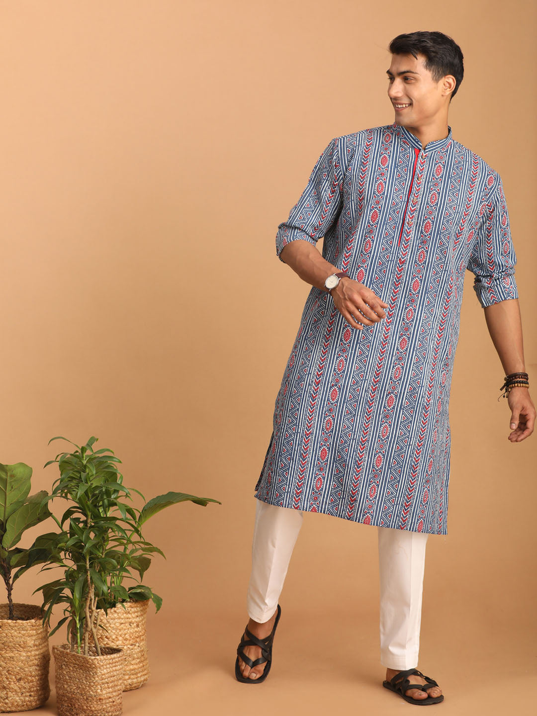 Shvaas by Vastramay Men's Indigo Blue White Cotton Kurta Pyjama Set - Distacart