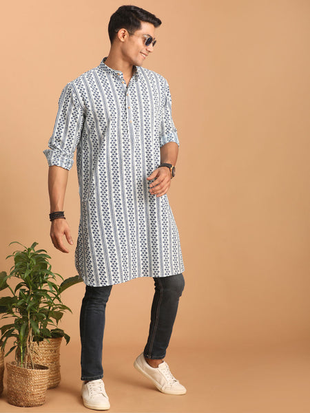 Shvaas by Vastramay Men's White And Blue Cotton Kurta - Distacart