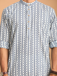 Thumbnail for Shvaas by Vastramay Men's White And Blue Cotton Kurta Pyjama Set - Distacart