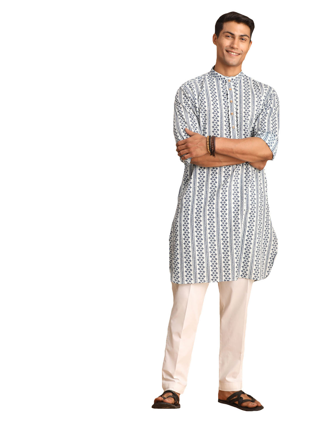 Shvaas by Vastramay Men's White And Blue Cotton Kurta Pyjama Set - Distacart