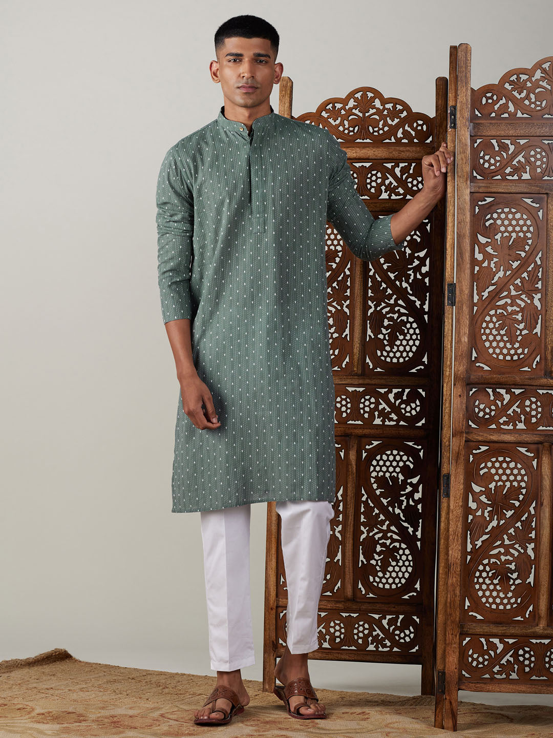 Shvaas by Vastramay Men's Green And White Cotton Kurta Pyjama Set - Distacart